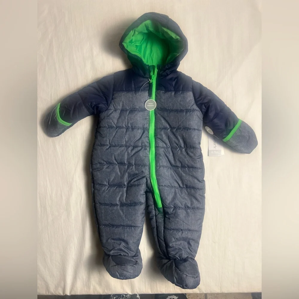 NWT Carters Infant Blue & Gray Pram/Snowsuit w/Hood, 6/9 Mos, Hideaway Mittens